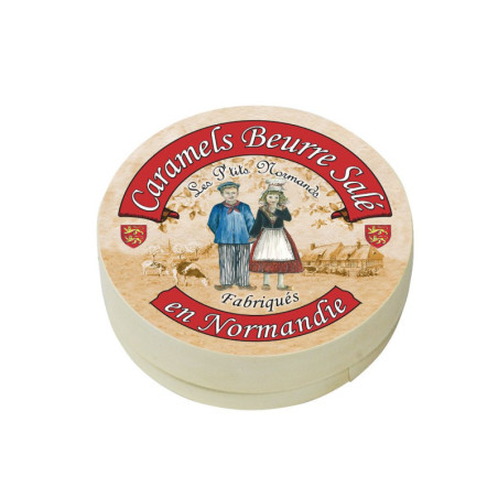 Boîte ronde en bois p'tits normands caramels au beurre salé fabriqués en Normandie