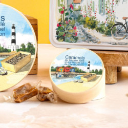 Boîte ronde en bois ostréiculture caramels au beurre salé et à la fleur de sel de l'île d'Oléron
