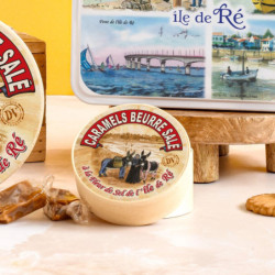 Boîte ronde en bois ânes caramels au beurre salé et à la fleur de sel de l'île de Ré