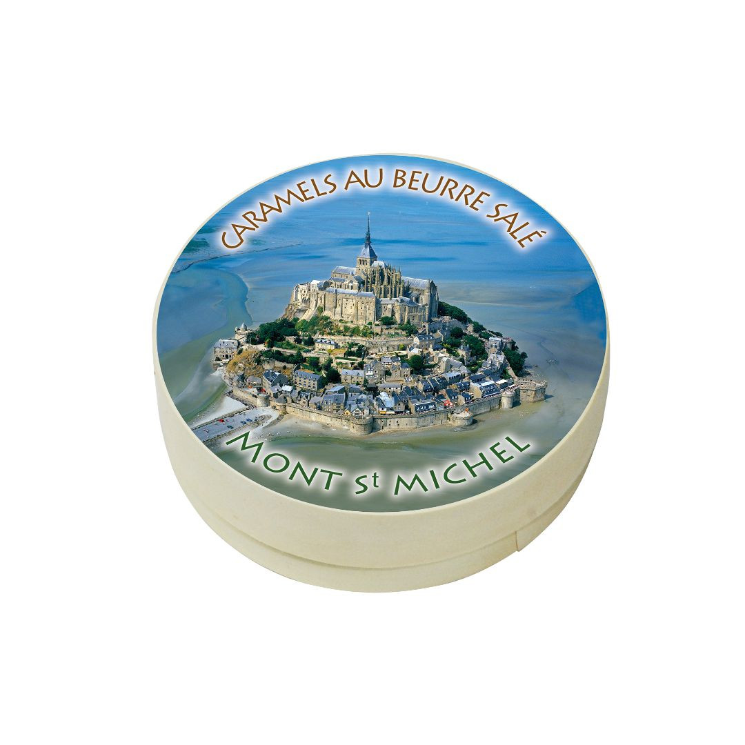 Achat Boîte ronde en bois Mont-Saint-Michel photo caramels au beurre salé fabriqués en Normandie en ligne 1 