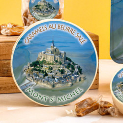 Boîte ronde en bois Mont-Saint-Michel photo caramels au beurre salé fabriqués en Normandie