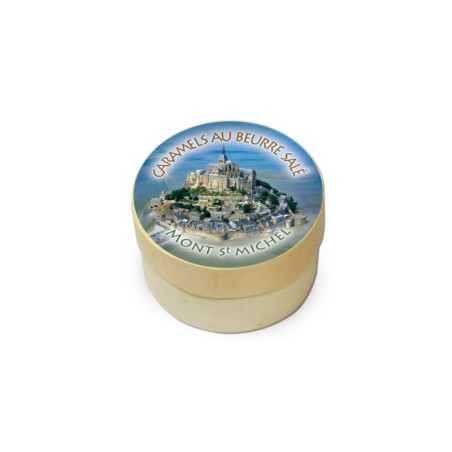 Boîte ronde en bois Mont-Saint-Michel photo caramels au beurre salé fabriqués en Normandie