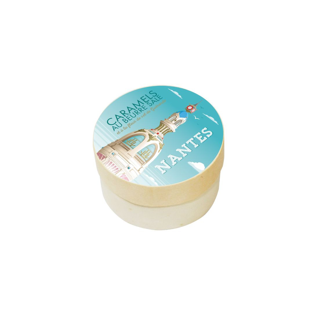 Achat Boîte ronde en bois impression Nantes tour LU caramels au beurre salé et à la fleur de sel Guérande en ligne 1 