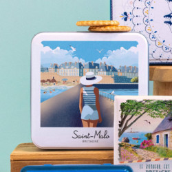 Boîte carrée impression polaroid Saint-Malo galettes pur beurre à la fleur de sel de Bretagne et sa carte postale