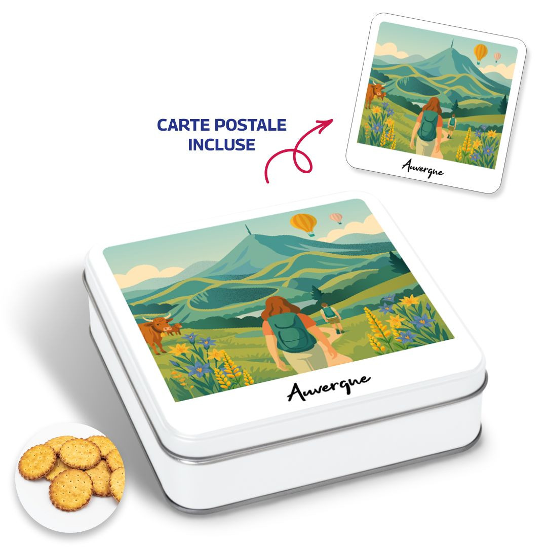 Achat Boîte carrée impression polaroid auvergne et sa carte postal galettes pur beurre en ligne 1 