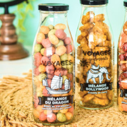 Bouteille en verre voyages gourmands billes de cacahuètes épicées sichuan et wasabi