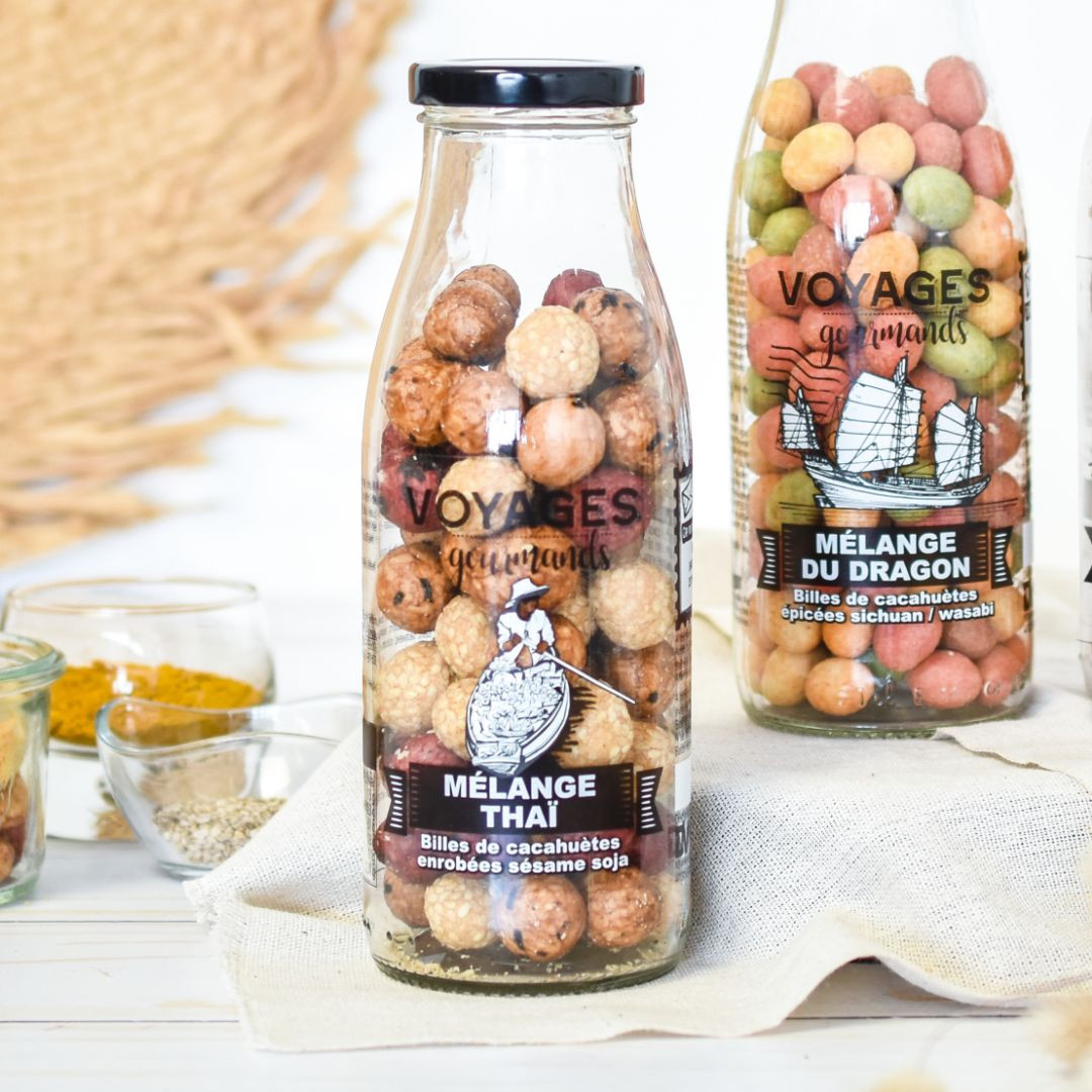 Achat Bouteille en verre voyages gourmands billes de cacahuètes enrobées sésame et soja en ligne 3 