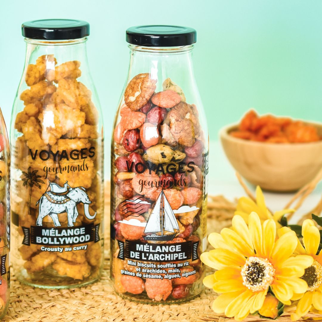 Achat Bouteille en verre voyages gourmands mini biscuits soufflés à l'arachide, maïs, graines de sésame, algues, oignons en ligne 3 