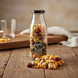 Bouteille voyages gourmands mélanges de biscuits maïs, pomme de terre et cacahuetes à la sauce soja