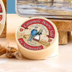 Boîte ronde en bois p'tits normands caramels au beurre salé fabriqués en Normandie