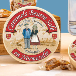 Boîte ronde en bois p'tits normands caramels au beurre salé fabriqués en Normandie