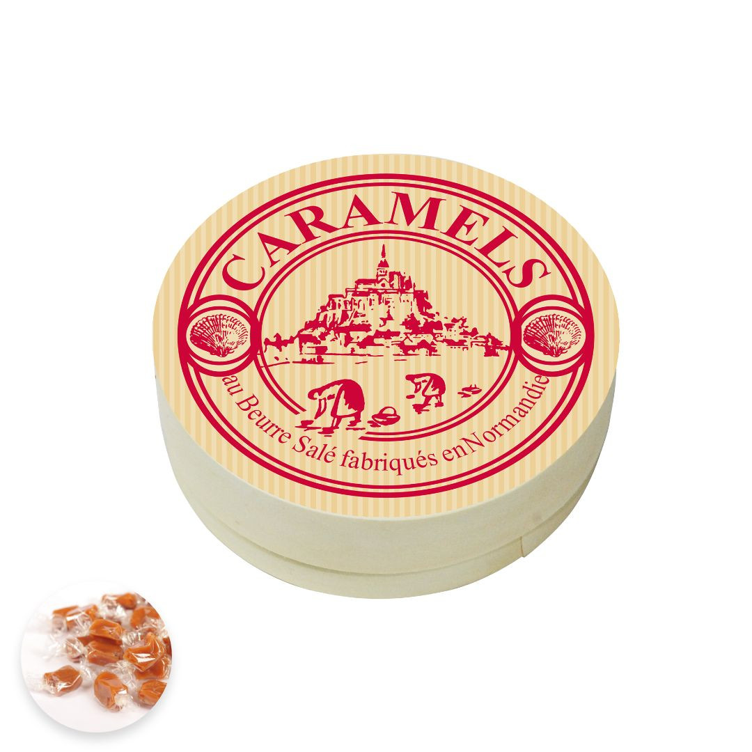 Achat Boîte ronde en bois Mont-Saint-Michel kraft rouge caramels au beurre salé fabriqués en Normandie en ligne 1 