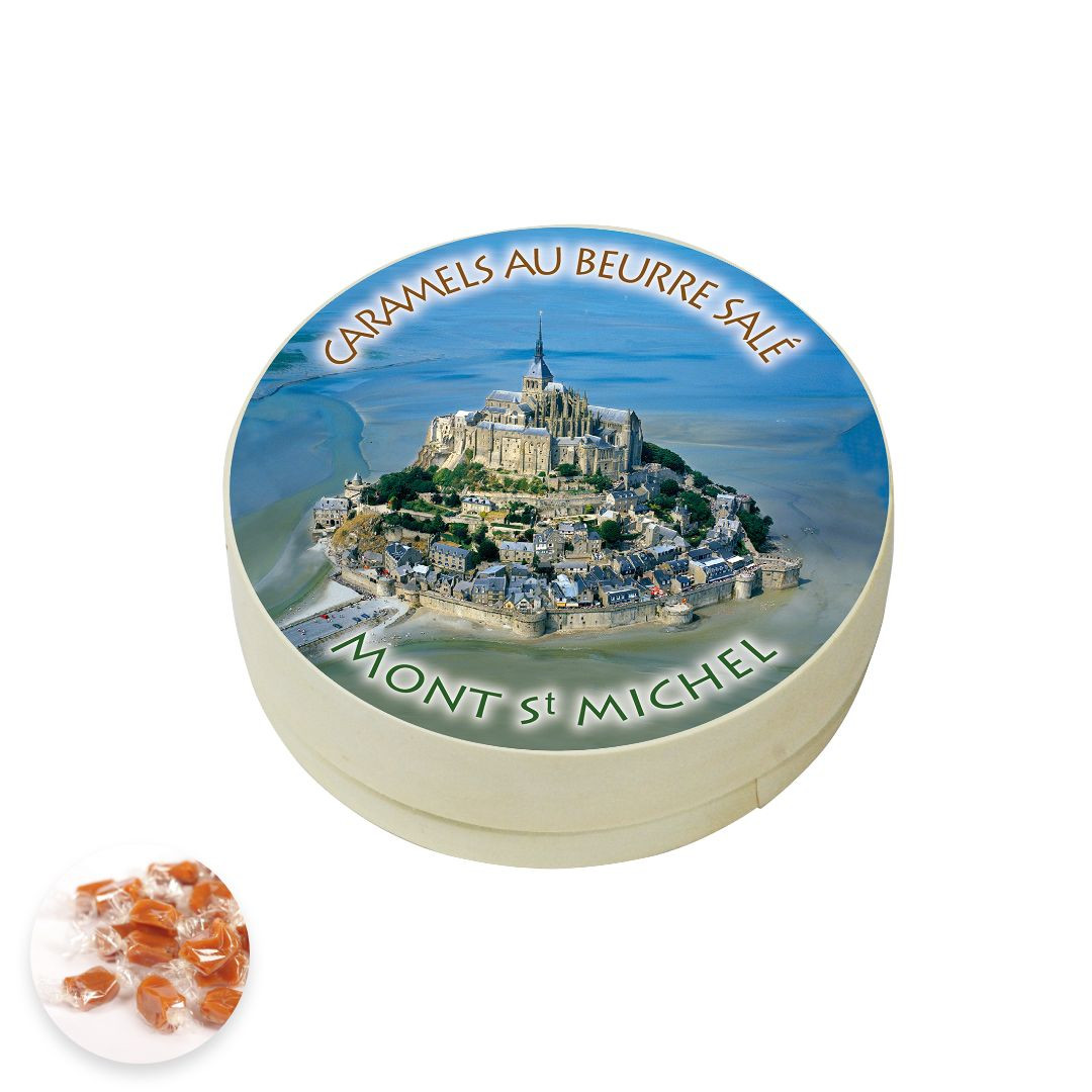 Achat Boîte ronde en bois Mont-Saint-Michel photo caramels au beurre salé fabriqués en Normandie en ligne 1 