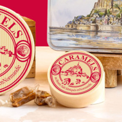 Boîte ronde en bois Mont-Saint-Michel kraft rouge caramels fabriqués en Normandie