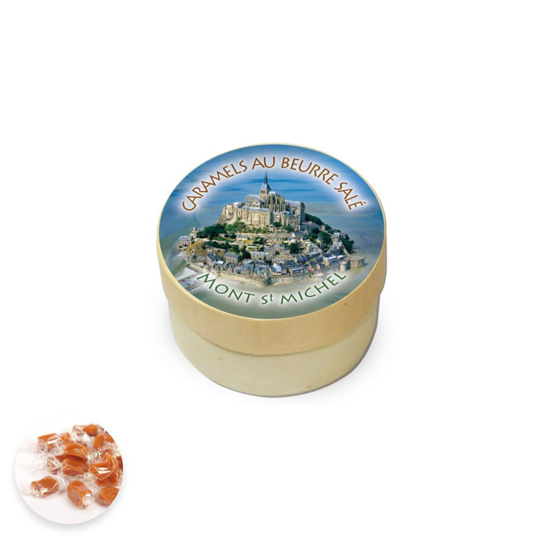 Achat Boîte ronde en bois Mont-Saint-Michel photo caramels au beurre salé fabriqués en Normandie en ligne 1 