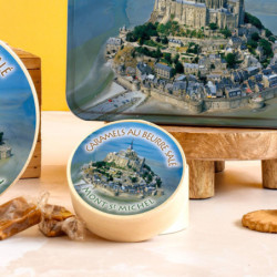 Boîte ronde en bois Mont-Saint-Michel photo caramels au beurre salé fabriqués en Normandie