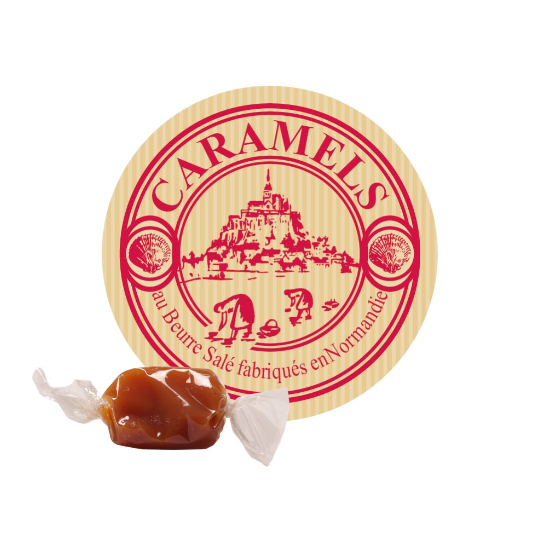 Achat Vrac Caramels au beurre salé et à la fleur de sel fabriqués en Normandie + étiquette Mont St Michel Kraft rouge en ligne 1 