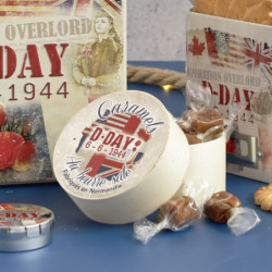 Boîte ronde en bois D-DAY caramels au beurre salé fabriqués en Normandie