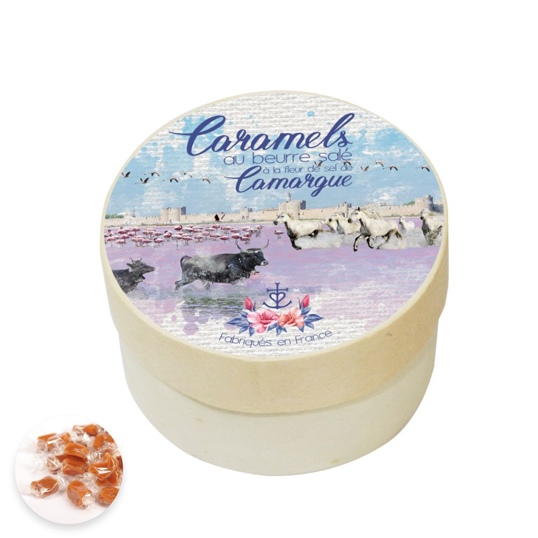 Achat Petite boîte bois Camargue aquarelle caramels beurre salé et fleur de sel de Camargue en ligne 1 