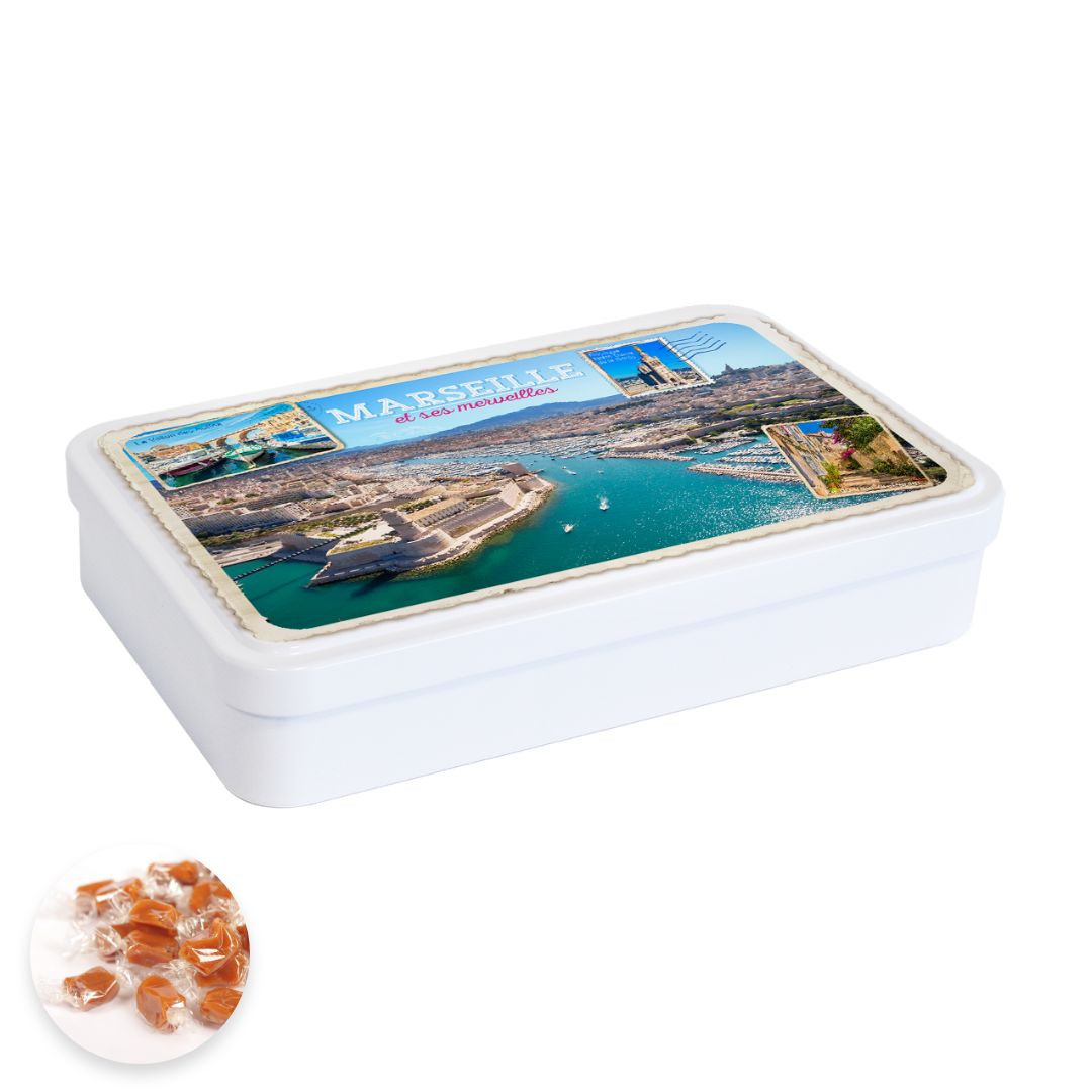 Achat Boîte plate Marseille et ses merveilles  caramels beurre salé et fleur de sel de Camargue en ligne 1 