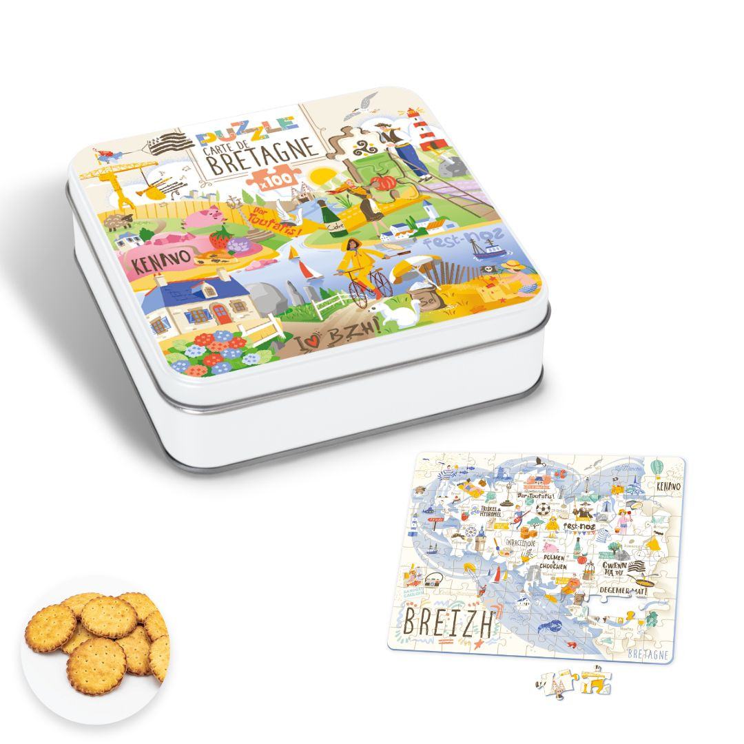 Achat Boîte carrée puzzle carte de Bretagne galettes pur beurre à la fleur de sel de Bretagne en ligne 1 