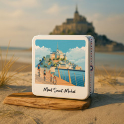Boîte carrée impression polaroid Mont-Saint-Michel et sa carte postale sablés normands