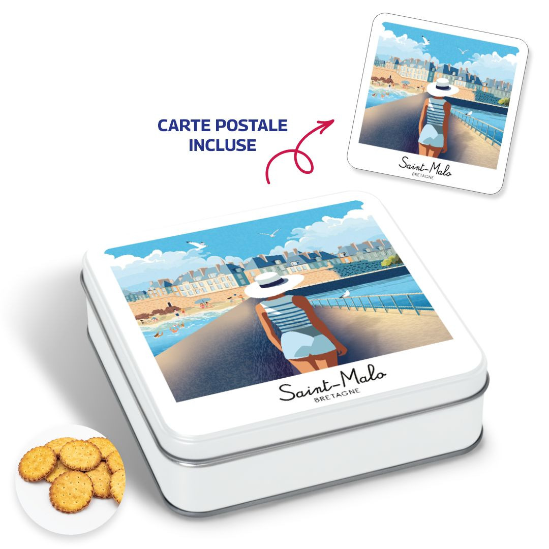 Achat Boîte carrée impression polaroid Saint-Malo galettes pur beurre à la fleur de sel de Bretagne et sa carte postale en ligne 1 