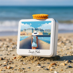 Boîte carrée impression polaroid Saint-Malo galettes pur beurre à la fleur de sel de Bretagne et sa carte postale