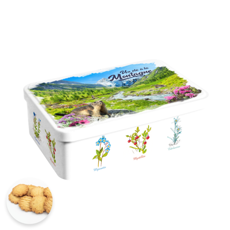 Boîte sucre marmotte été fleurs collection montagnes été sablés au beurre des Alpes