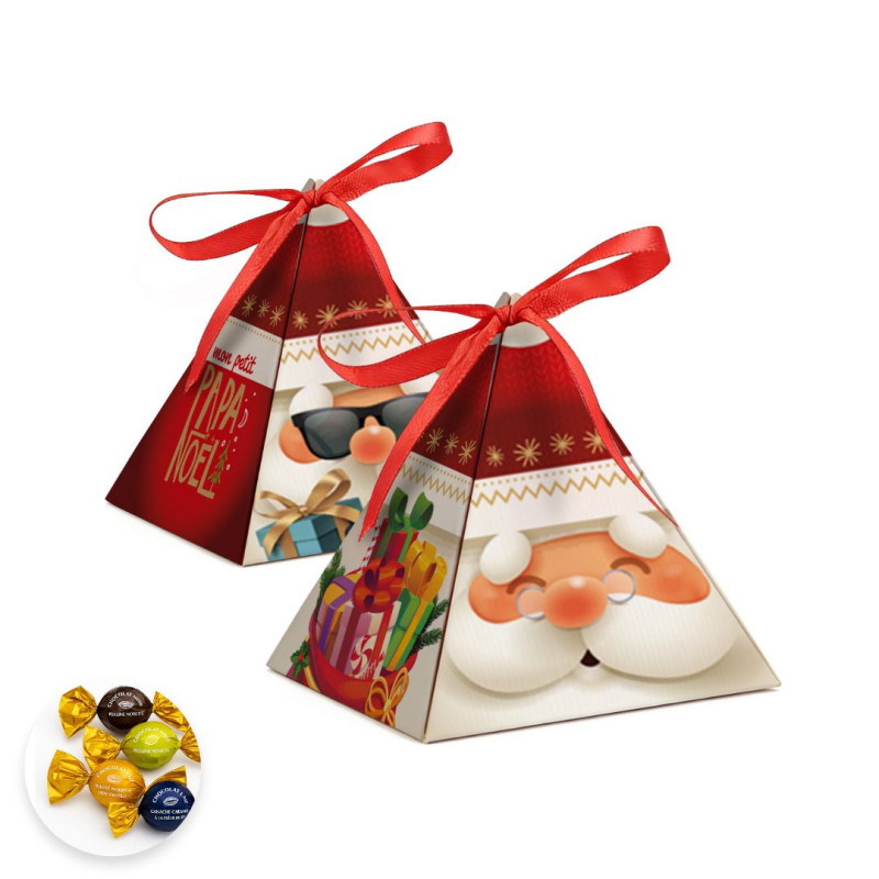 Boîte pyramide petit papa noël décor Père Noël garni d'un mix de papillotes chocolat