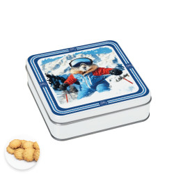 Boîte carrée marmotte en ski collection skieurs en folie sablés au beurre des Alpes