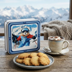 Boîte carrée marmotte en ski collection skieurs en folie sablés au beurre des Alpes